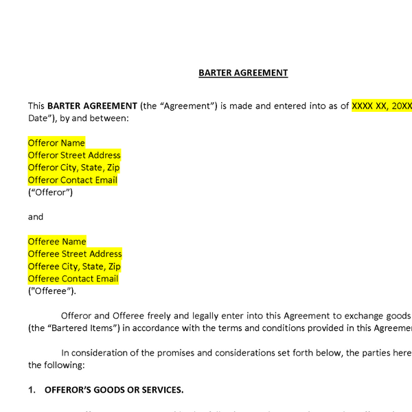Barter Agreement Template Legal Goodness