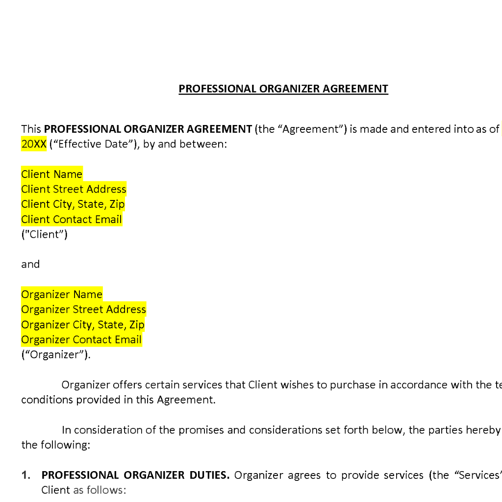 Professional Organizer Agreement